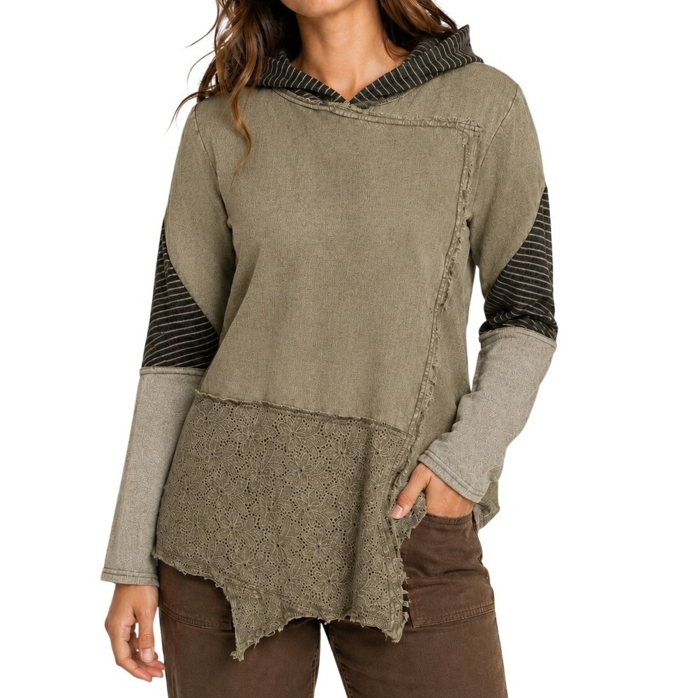 Gimmicks Women Hoodie Small‎ Green Linen Lace Mixed Media Boho Pullover Top